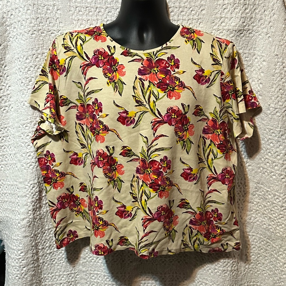 Croft & Barrow Tropical Floral Short Sleeve Top - Yellow - Like New Plus Size